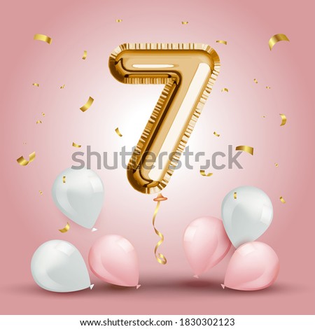Elegant Greeting celebration sevens years birthday. Anniversary number 7 foil gold balloon. Happy birthday, congratulations poster. Golden numbers with sparkling golden confetti. Vector background