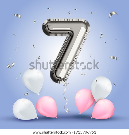 Elegant Greeting celebration sevens years birthday. Anniversary number 7 foil silver balloon. Happy birthday, congratulations poster. Silver numbers with sparkling silver confetti. Vector background