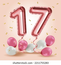 Elegant Greeting celebration seventeen years birthday. Anniversary number 17 foil rose gold balloons. Happy birthday, congratulations poster. Rose Gold number with sparkling golden confetti. Vector