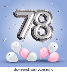 Elegant Greeting celebration seventy eight years birthday. Anniversary number 78 foil silver balloon. Happy birthday, congratulations poster. Sliver numbers with sparkling silver confetti. Vector 