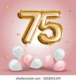 Elegant Greeting celebration seventy five years birthday. Anniversary number 75 foil gold balloon. Happy birthday, congratulations poster. Golden numbers with sparkling golden confetti. Vector 