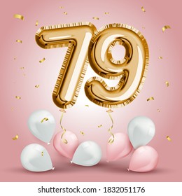 Elegant Greeting celebration seventy nine years birthday. Anniversary number 79 foil gold balloon. Happy birthday, congratulations poster. Golden numbers with sparkling golden confetti. Vector 