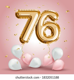 Elegant Greeting celebration seventy six years birthday. Anniversary number 76 foil gold balloon. Happy birthday, congratulations poster. Golden numbers with sparkling golden confetti. Vector 