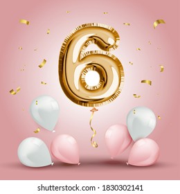 Elegant Greeting celebration six years birthday. Anniversary number 6 foil gold balloon. Happy birthday, congratulations poster. Golden numbers with sparkling golden confetti. Vector background