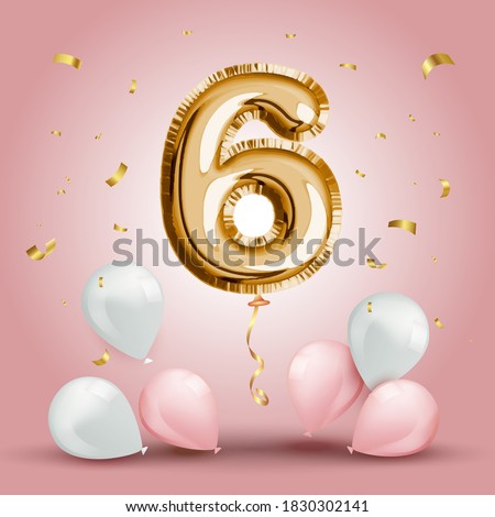 Elegant Greeting celebration six years birthday. Anniversary number 6 foil gold balloon. Happy birthday, congratulations poster. Golden numbers with sparkling golden confetti. Vector background