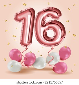 Elegant Greeting celebration sixteen years birthday. Anniversary number 16 foil rose gold balloons. Happy birthday, congratulations poster. Rose Gold number with sparkling golden confetti. Vector