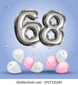 Elegant Greeting celebration sixty eight years birthday. Anniversary number 68 foil silver balloon. Happy birthday, congratulations poster. Silver numbers with sparkling silver confetti. Vector 