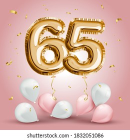 Elegant Greeting Celebration Sixty Five Years Birthday. Anniversary Number 65 Foil Gold Balloon. Happy Birthday, Congratulations Poster. Golden Numbers With Sparkling Golden Confetti. Vector 