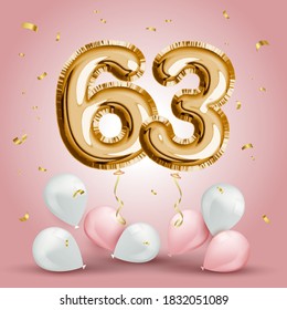 Elegant Greeting Celebration Sixty Three Years Birthday. Anniversary Number 63 Foil Gold Balloon. Happy Birthday, Congratulations Poster. Golden Numbers With Sparkling Golden Confetti. Vector 