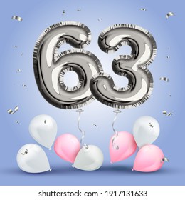Elegant Greeting celebration sixty three years birthday. Anniversary number 63 foil silver balloon. Happy birthday, congratulations poster. Silver numbers with sparkling silver confetti. Vector 