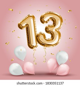 Elegant Greeting celebration thirteen years birthday. Anniversary number 13 foil gold balloon. Happy birthday, congratulations poster. Golden numbers with sparkling golden confetti. Vector background