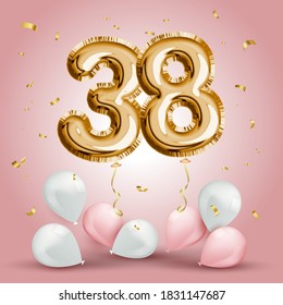 Elegant Greeting celebration thirty eight years birthday. Anniversary number 38 foil gold balloon. Happy birthday, congratulations poster. Golden numbers with sparkling golden confetti. Vector 