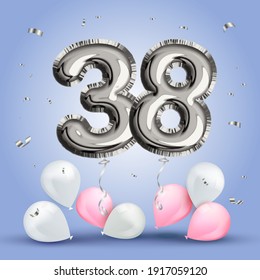 Elegant Greeting celebration thirty eight years birthday. Anniversary number 38 foil silver balloon. Happy birthday, congratulations poster. Silver numbers with sparkling silver confetti. Vector 