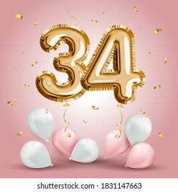 Elegant Greeting celebration thirty four years birthday. Anniversary number 34 foil gold balloon. Happy birthday, congratulations poster. Golden numbers with sparkling golden confetti. Vector 