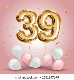 Elegant Greeting celebration thirty nine years birthday. Anniversary number 39 foil gold balloon. Happy birthday, congratulations poster. Golden numbers with sparkling golden confetti. Vector 