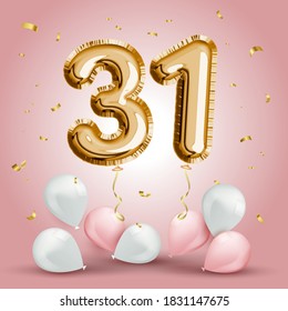 Elegant Greeting celebration thirty one years birthday. Anniversary number 31 foil gold balloon. Happy birthday, congratulations poster. Golden numbers with sparkling golden confetti. Vector 