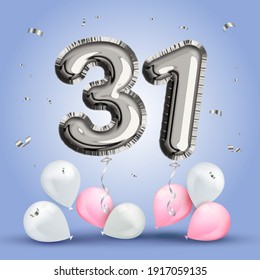 Elegant Greeting celebration thirty one years birthday. Anniversary number 31 foil silver balloon. Happy birthday, congratulations poster. Silver numbers with sparkling silver confetti. Vector 