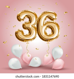 Elegant Greeting celebration thirty six years birthday. Anniversary number 36 foil gold balloon. Happy birthday, congratulations poster. Golden numbers with sparkling golden confetti. Vector