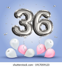 Elegant Greeting celebration thirty six years birthday. Anniversary number 36 foil silver balloon. Happy birthday, congratulations poster. Silver numbers with sparkling silver confetti. Vector 