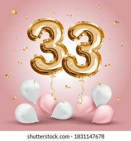 Elegant Greeting celebration thirty three years birthday. Anniversary number 33 foil gold balloon. Happy birthday, congratulations poster. Golden numbers with sparkling golden confetti. Vector 