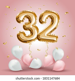 Elegant Greeting celebration thirty two years birthday. Anniversary number 32 foil gold balloon. Happy birthday, congratulations poster. Golden numbers with sparkling golden confetti. Vector 