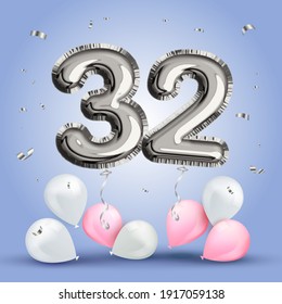 Elegante Grußfeier 32 Jahre Geburtstag. Jubiläum Nr. 32 Silberballon. Herzlichen Glückwunsch zum Geburtstag, Glückwunsch Poster. Silberzahlen mit funkelnden Silberkonfetti. Vektorgrafik 