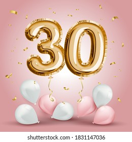 Elegant Greeting celebration thirty years birthday. Anniversary number 30 foil gold balloon. Happy birthday, congratulations poster. Golden numbers with sparkling golden confetti. Vector background