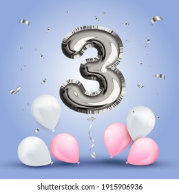 Elegant Greeting celebration three years birthday. Anniversary number 3 foil silver balloon. Happy birthday, congratulations poster. Silver numbers with sparkling silver confetti. Vector background