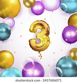 Elegant Greeting celebration three years birthday. Anniversary number 3 foil gold balloon. Happy birthday, congratulations poster.