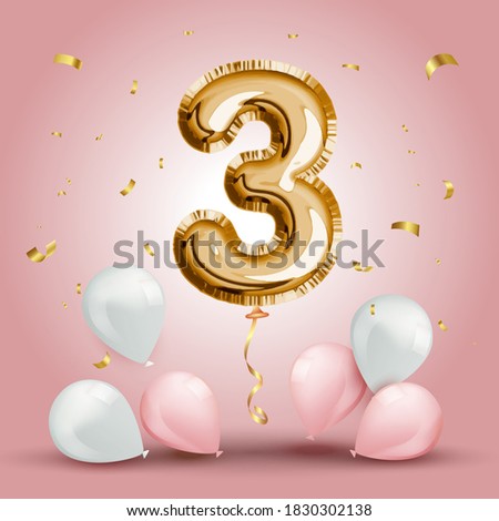 Elegant Greeting celebration three years birthday. Anniversary number 3 foil gold balloon. Happy birthday, congratulations poster. Golden numbers with sparkling golden confetti. Vector background