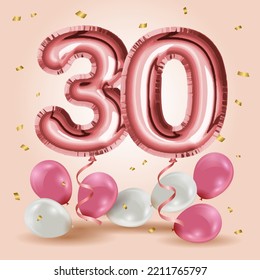 Elegant Greeting celebration thrifty years birthday. Anniversary number 30 foil rose gold balloons. Happy birthday, congratulations poster. Rose Gold number with sparkling golden confetti. Vector