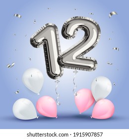 Elegant Greeting celebration twelve years birthday. Anniversary number 12 foil silver balloon. Happy birthday, congratulations poster. Silver numbers with sparkling silver confetti. Vector background