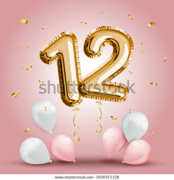Elegant Greeting celebration twelve years\
birthday. Anniversary number 12 foil gold balloon. Happy birthday,\
congratulations poster. Golden numbers with sparkling golden\
confetti. Vector\
background