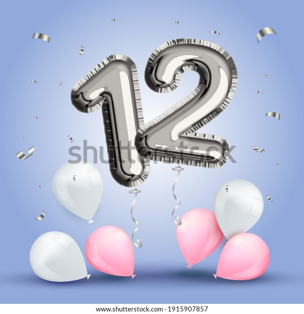 Elegant Greeting celebration twelve years\
birthday. Anniversary number 12 foil silver balloon. Happy\
birthday, congratulations poster. Silver numbers with sparkling\
silver confetti. Vector\
background