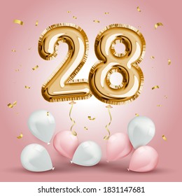 Elegant Greeting celebration twenty eight years birthday. Anniversary number 28 foil gold balloon. Happy birthday, congratulations poster. Golden numbers with sparkling golden confetti. Vector 