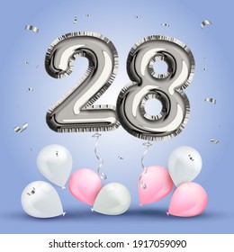 Elegant Greeting celebration twenty eight years birthday. Anniversary number 28 foil silver balloon. Happy birthday, congratulations poster. Silver numbers with sparkling silver confetti. Vector 