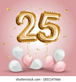 Elegant Greeting celebration twenty five years birthday. Anniversary number 25 foil gold balloon. Happy birthday, congratulations poster. Golden numbers with sparkling golden confetti. Vector 