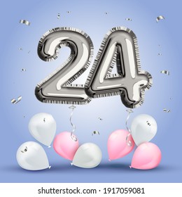 Elegant Greeting celebration twenty four years birthday. Anniversary number 24 foil silver balloon. Happy birthday, congratulations poster. Silver numbers with sparkling silver confetti. Vector