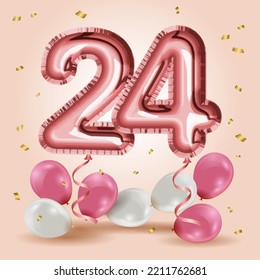 Elegant Greeting celebration twenty four years birthday. Anniversary number 24 foil rose gold balloons. Happy birthday, congratulations poster. Rose Gold number with sparkling golden confetti. Vector