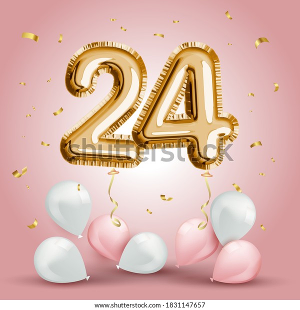 Elegant Greeting celebration twenty four years\
birthday. Anniversary number 24 foil gold balloon. Happy birthday,\
congratulations poster. Golden numbers with sparkling golden\
confetti. Vector