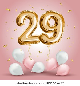 Elegant Greeting celebration twenty nine years birthday. Anniversary number 29 foil gold balloon. Happy birthday, congratulations poster. Golden numbers with sparkling golden confetti. Vector 