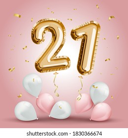 Elegant Greeting celebration twenty one years birthday. Anniversary number 21 foil gold balloon. Happy birthday, congratulations poster. Golden numbers with sparkling golden confetti. Vector svg