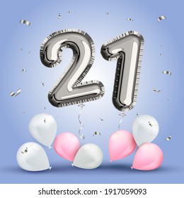 Elegant Greeting celebration twenty one years birthday. Anniversary number 21 foil silver balloon. Happy birthday, congratulations poster. Silver numbers with sparkling silver confetti. Vector svg