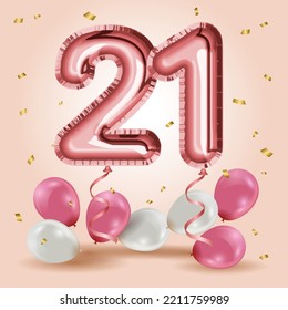 Elegant Greeting celebration twenty one years birthday. Anniversary number 21 foil rose gold balloons. Happy birthday, congratulations poster. Rose Gold number with sparkling golden confetti. Vector svg