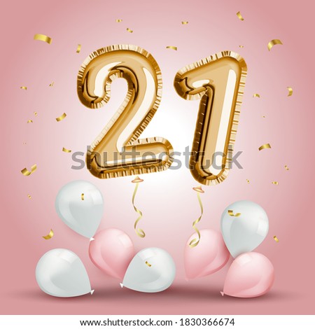 Elegant Greeting celebration twenty one years birthday. Anniversary number 21 foil gold balloon. Happy birthday, congratulations poster. Golden numbers with sparkling golden confetti. Vector