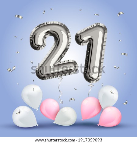 Elegant Greeting celebration twenty one years birthday. Anniversary number 21 foil silver balloon. Happy birthday, congratulations poster. Silver numbers with sparkling silver confetti. Vector