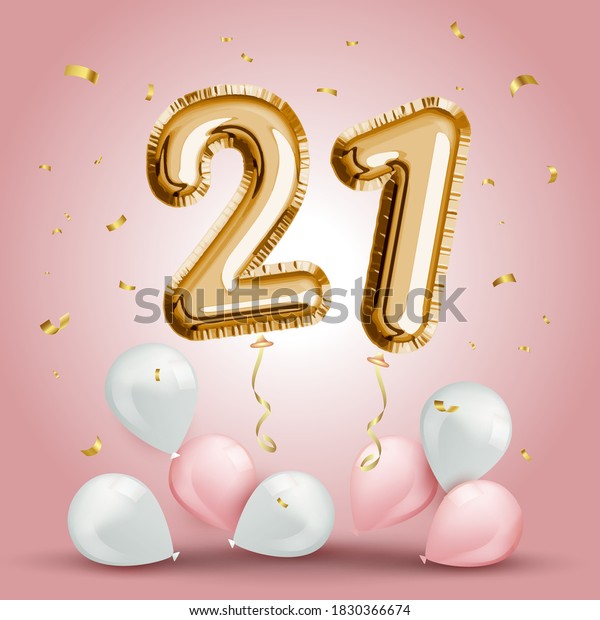 Elegant Greeting celebration twenty one years\
birthday. Anniversary number 21 foil gold balloon. Happy birthday,\
congratulations poster. Golden numbers with sparkling golden\
confetti. Vector