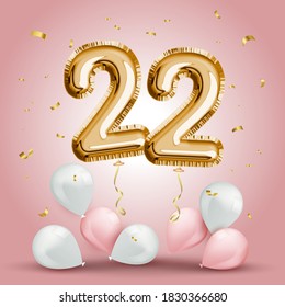 Elegant Greeting celebration twenty two years birthday. Anniversary number 22 foil gold balloon. Happy birthday, congratulations poster. Golden numbers with sparkling golden confetti. Vector 
