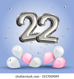 Elegant Greeting celebration twenty two years birthday. Anniversary number 22 foil silver balloon. Happy birthday, congratulations poster. Silver numbers with sparkling silver confetti. Vector
