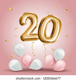 Elegant Greeting celebration twenty years birthday. Anniversary number 20 foil gold balloon. Happy birthday, congratulations poster. Golden numbers with sparkling golden confetti. Vector background